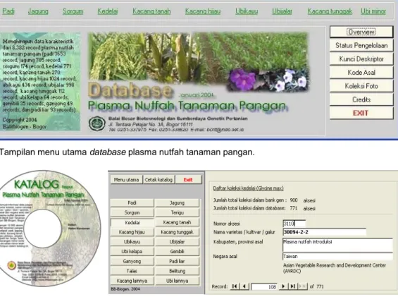 Gambar 3.  CD katalog paspor plasma nutfah tanaman pangan dan contoh format informasi yang ditampilkan.
