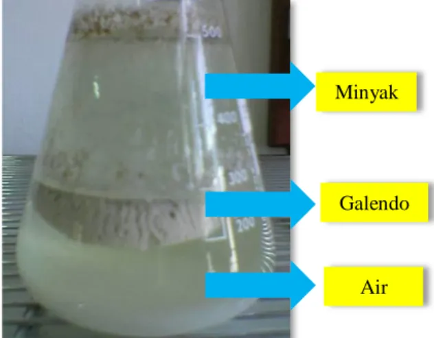 Gambar  3.  Setelah  fermentasi,  emulsi  santan  terpisah menjadi 3 lapisan (minyak, galendo dan  air) (Sumber: Dokumentasi Pribadi) 