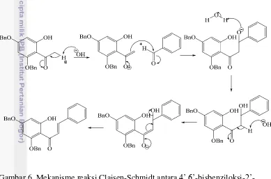 Gambar 6  Mekanisme reaksi Claisen-Schmidt antara 4’,6’-bisbenziloksi-2’-