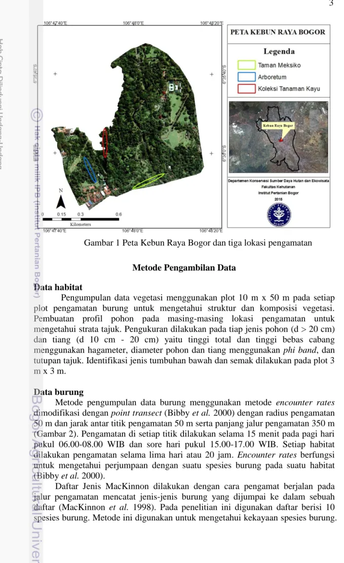 Gambar 1 Peta Kebun Raya Bogor dan tiga lokasi pengamatan 