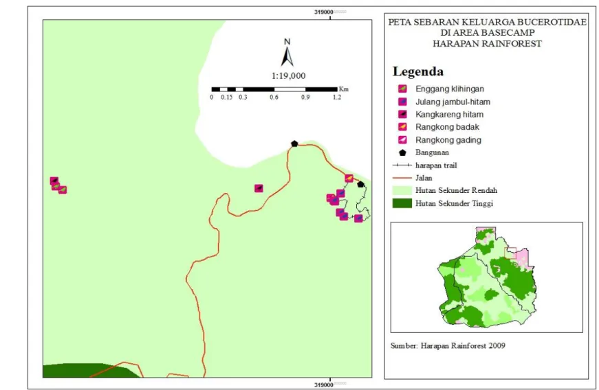 Gambar 14  Peta Sebaran Titik Lintasan Burung Rangkong di Camp Harapan.