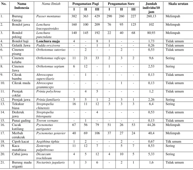 Tabel 3. Kelimpahan relatif spesies burung yang terdapat di kampus Universitas Negeri  Yogyakarta 