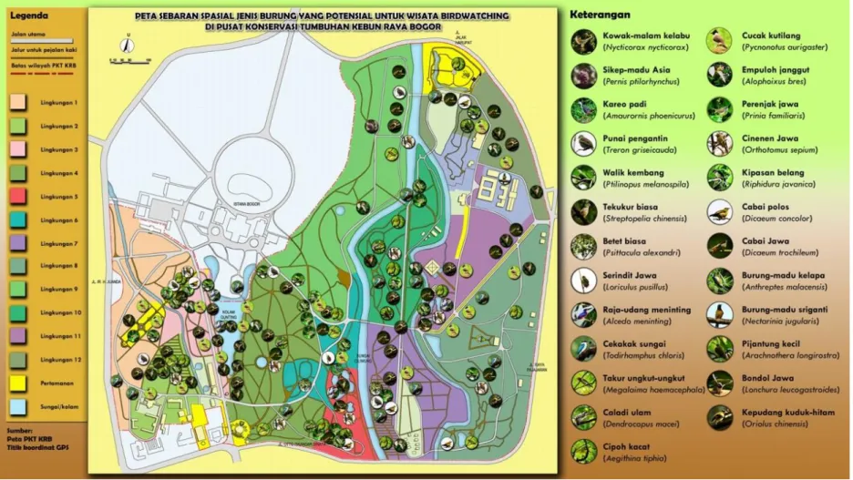 Gambar 3. Peta sebaran spasial burung-burung yang potensial untuk wisata birdwatching pada 12 lingkungan di PKT KRB – LIPI