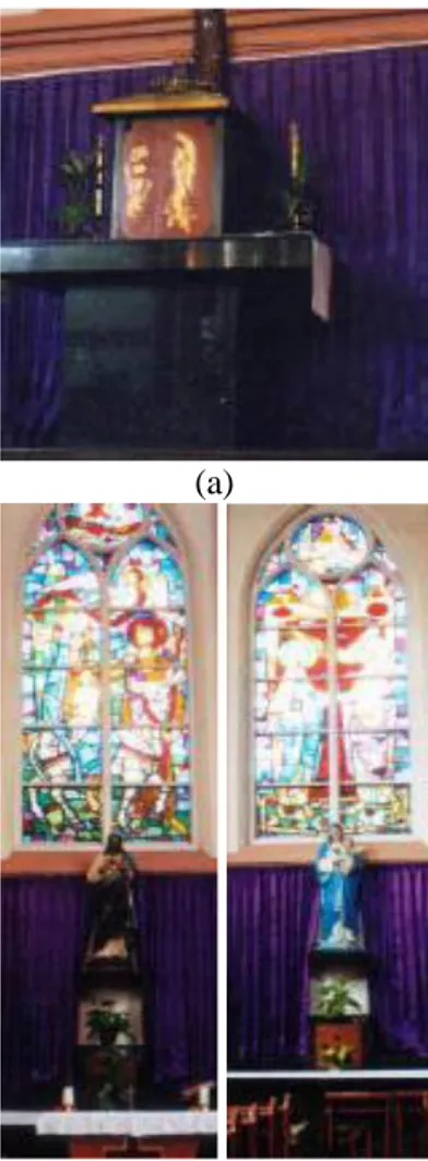 Gambar 7. Penerapan warna ungu di belakang Panti Imam  (a), patung Yesus (b) dan Bunda Maria (c)