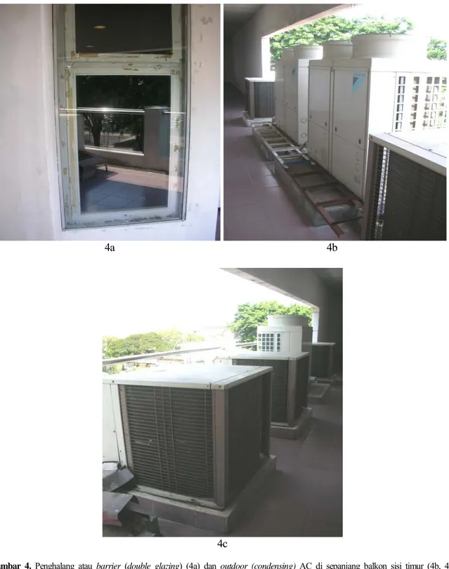 Gambar 4. Penghalang atau barrier  (double glazing) (4a) dan outdoor (condensing) AC di sepanjang balkon sisi timur (4b, 4c)  (dokumentasi pribadi, 2006)