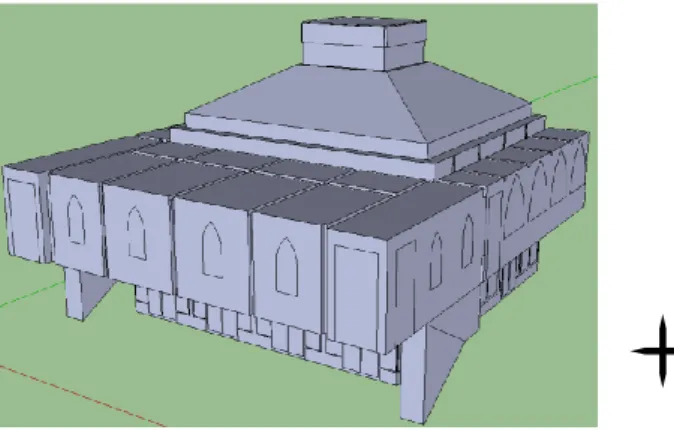 Gambar  3.6  Penampakan  Desain  Masjid  Al  Aqsha  (dengan  Program Sketch Up-Tampak Belakang Atas)  2