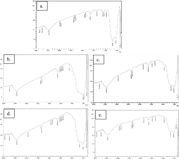 Gambar 2. Spektra FTIR (a) TiO 2  Merch; TiO 2 -Cu dengan metode photodeposisi dengan  perbandingan TiO 2 :Cu (b) 9:1 (c) 98:2 (d) 97:3 (e) 96:4 