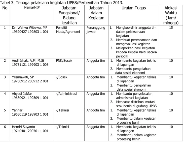 Tabel 3. Tenaga pelaksana kegiatan UPBS/Perbenihan Tahun 2013.  