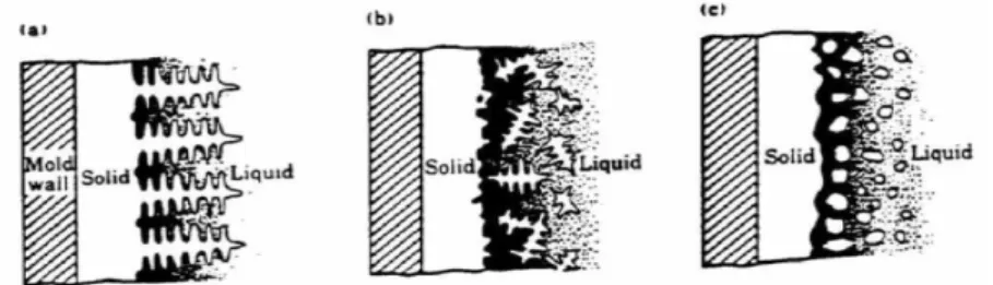 Gambar 2.3 Ilustrasi  jenis struktur yang terbentuk pada pembekuan  logam  coran,  dendritik ( a ), equiaxed dendritik ( b ), dan equiaxed  nondendritik ( c ) 