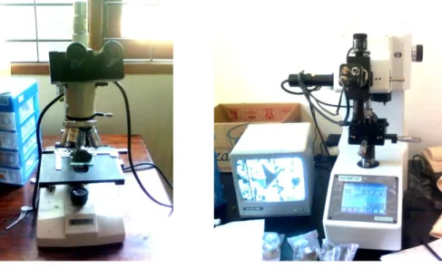 Gambar 3.3. alat uji struktur mikro ( a ), dan alat uji kekerasan mikro  vickers ( b ) 