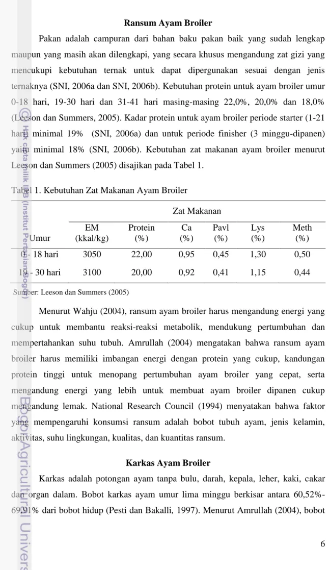 Tabel 1. Kebutuhan Zat Makanan Ayam Broiler 