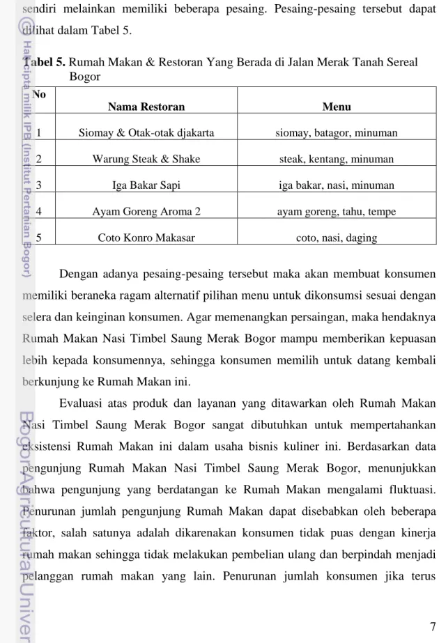 Tabel 5. Rumah Makan &amp; Restoran Yang Berada di Jalan Merak Tanah Sereal                  Bogor 