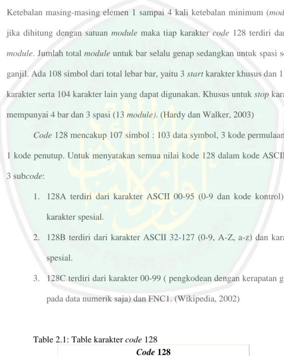 Table 2.1: Table karakter code 128  Code 128 