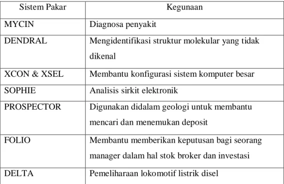Tabel 2.1. Sistem pakar yang terkenal 