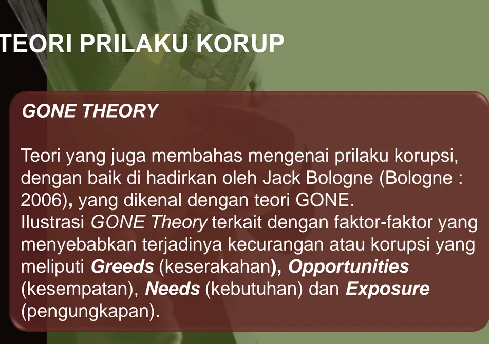 Ilustrasi GONE Theory terkait dengan faktor-faktor yang  menyebabkan terjadinya kecurangan atau korupsi yang  meliputi Greeds (keserakahan), Opportunities 