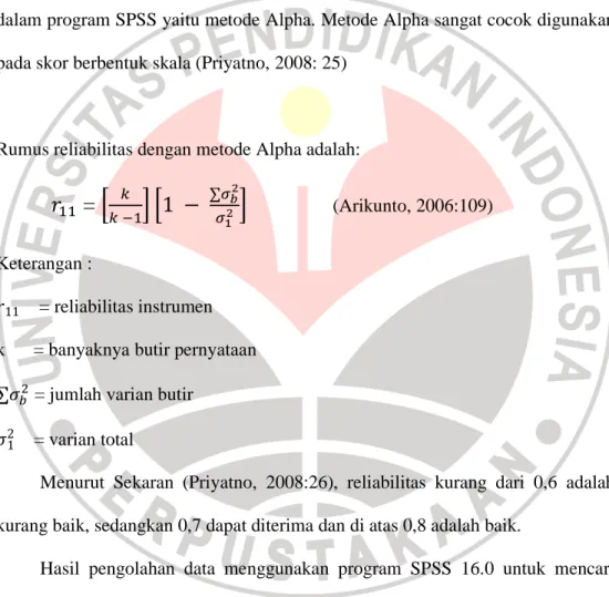 Tabel 3.6  Hasil Uji Reliabilitas 