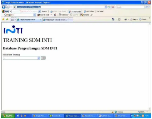 Gambar 4 tampilan index 4.5.2.  Tampilan query  <? $user = "SDMINTI"; $pass = "12345"; $database = "XE"; $conn = ora_logon($user,$pass,$database); $kursor = ora_open($conn); $query = "SELECT PERSON.NAMA,  PERSON.NIPEG,  KDTKE