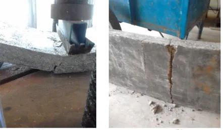 Gambar 3. Uji lentur struktur slab: (a) crack akibat beban uji lentur, (b) spalling pada bagian sisi bawah selimut  beton - tulangan bambu  