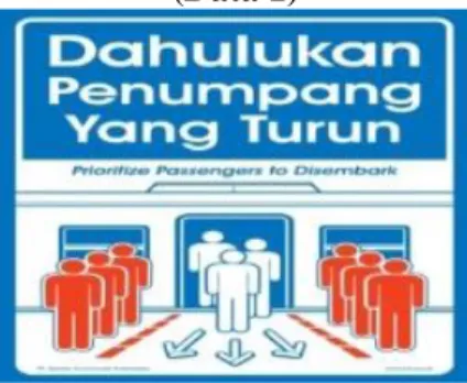 Gambar  yang  terlihat  seperti  orang  yang  sedang  mengantri  dan  keluar  dari  kereta  itu  menjelaskan bahwa penumpang kereta api dianjurkan untuk mempersilahkan penumpang yang  akan turun terlebih dahulu untuk bergegas meninggalkan kereta api