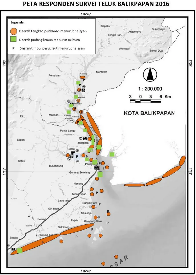 Gambar 3.Peta dengan lokasi daerah tangkap ikan, padang lamun dan pesut menurut nelayan di desa  Jenebora, Pantai Lango dan Gersik di Teluk Balikpapan yang diwawancarai pada bulan Juli 2016