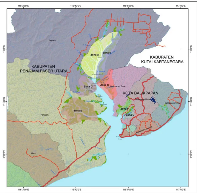 Gambar 4. Peta dengan usulan pembagian wilayah konservasi berdasarkan kondisi hutan mangrove  sebagai indikator wilayah perkembangbiakan ikan