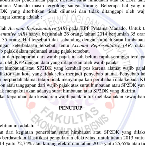 Tabel 7. Kontribusi Penerimaan Pajak Melalui Surat Himbauan/SP2DK Pada KPP Pratama Manado