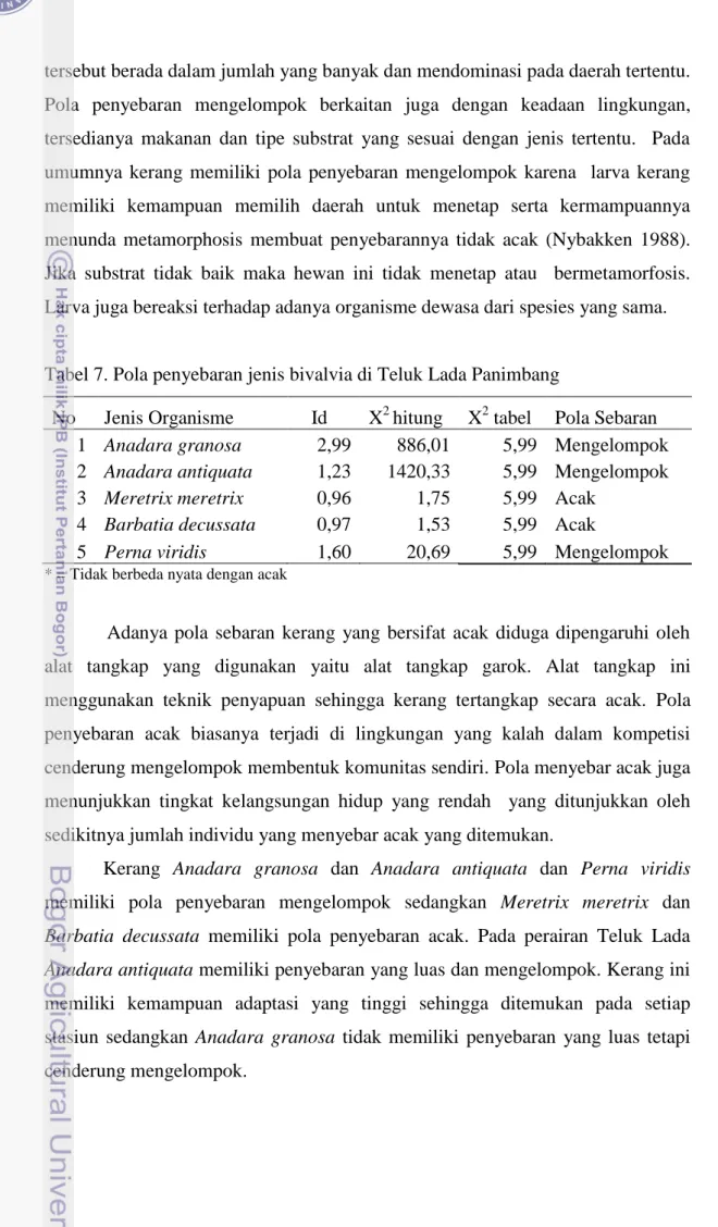 Tabel 7. Pola penyebaran jenis bivalvia di Teluk Lada Panimbang 