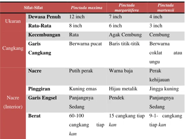 Tabel 2 . Perbandingan Pinctada maxima, Pinctada margaritifera, dan Pinctada martensii 