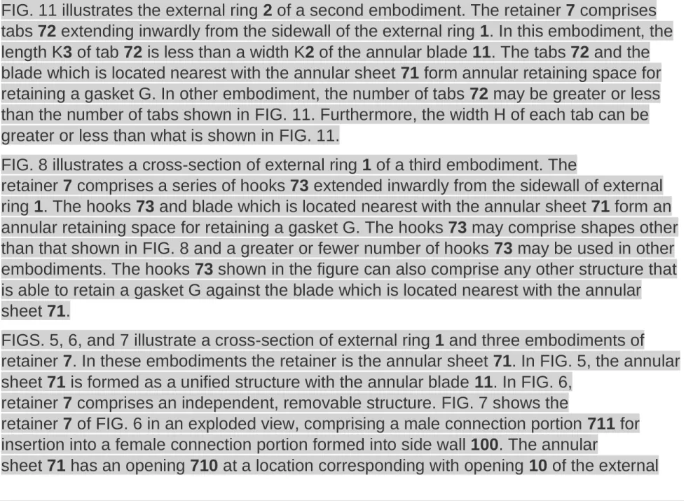 FIG. 11 illustrates the external ring 2 of a second embodiment. The retainer 7 comprises  tabs 72 extending inwardly from the sidewall of the external ring 1