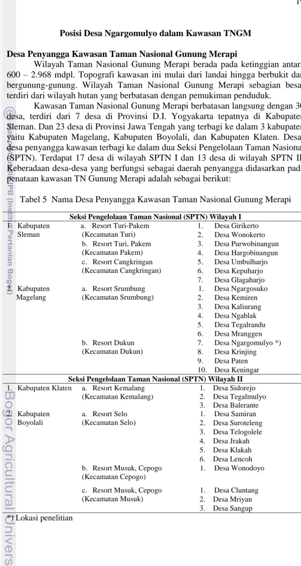 Tabel 5  Nama Desa Penyangga Kawasan Taman Nasional Gunung Merapi 