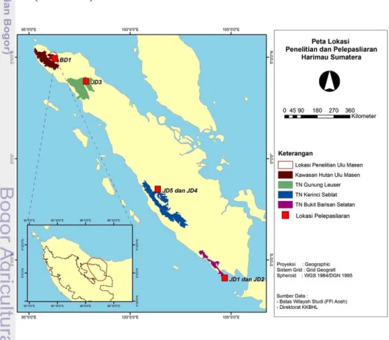 Gambar 7.  Peta lokasi penelitian di empat kawasan hutan di Sumatera. 