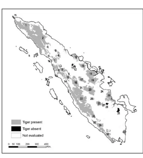 Gambar 4. Peta  distribusi  harimau  di  Pulau  Sumatera  pada  lima  tahun  ter- ter-akhir (Wibisono &amp; Pusparini 2010)