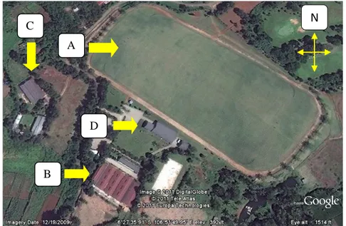 Gambar 3.  Foto NPC Melalui Google Earth (2011), (a) Lapangan Polo, (b) Kandang  Alpha, (c) Kandang Bravo, (d) Kantor dan Lounge Bar 
