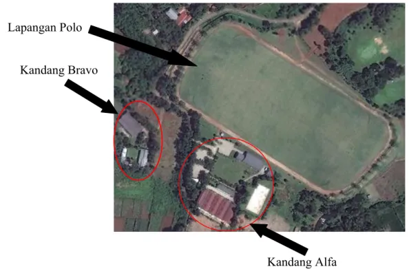 Gambar 1. Lokasi Nusantara Polo Club Dilihat dari Atas (Google Earth, 2010)  Fasilitas yang terdapat di NPC selain kandang kuda tersedia tack room yang  merupakan tempat untuk menyimpan peralatan-peralatan  yang digunakan untuk  bermain polo, gudang pakan 