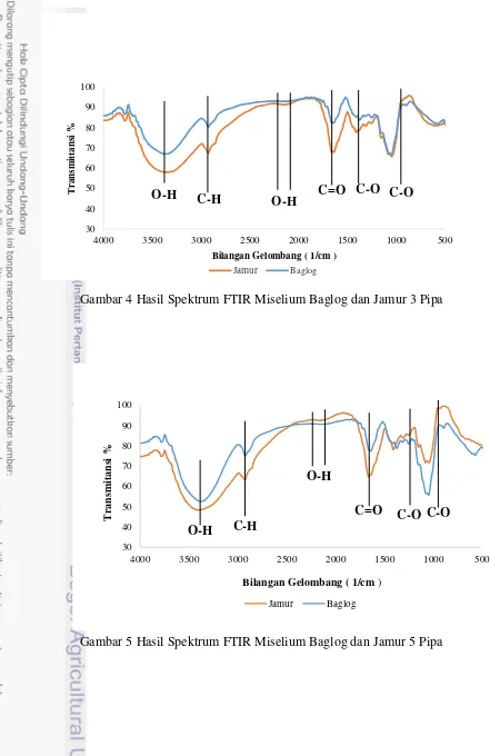 Gambar 4 Hasil Spektrum FTIR Miselium Baglog dan Jamur 3 Pipa 