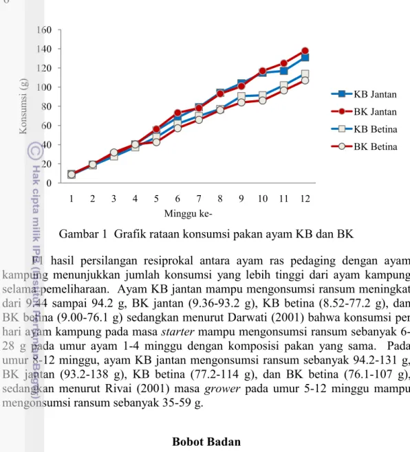 Gambar 1  Grafik rataan konsumsi pakan ayam KB dan BK 