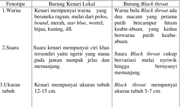 Tabel 1.  Variasi Fenotipe Burung Kenari dan Black throat 