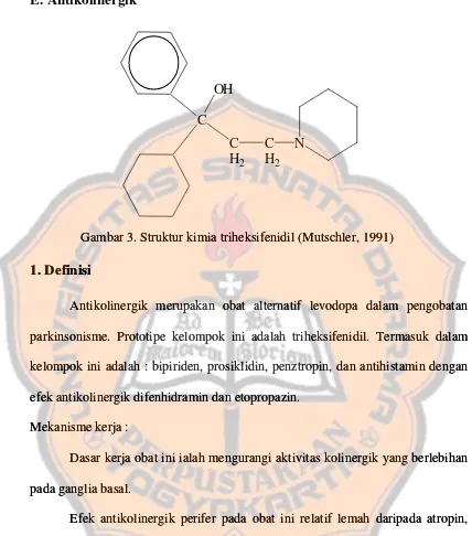 Gambar 3. Struktur kimia triheksifenidil (Mutschler, 1991)Gambar 3. Struktur kimia triheksifenidil (Mutschler, 1991)  