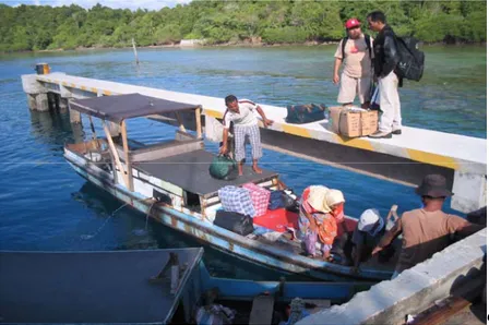 Gambar 3 :   Perahu (pompong) sebagai Alat Transportasi Penduduk Antar  Pulau di Kawasan Tambelan, Kabupaten Kepulauan Riau 2005 