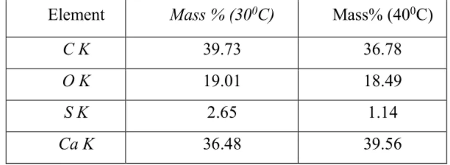 Tabel 3. Hasil analisa mikro kristal kerak kalsium sulfat dan kalsium karbonat  Element  Mass % (30 0 C)  Mass% (40 0 C) 