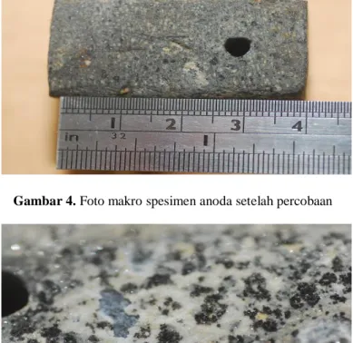 Gambar 5. Foto makro spesimen anoda setelah percobaan                        dengan pembesaran 