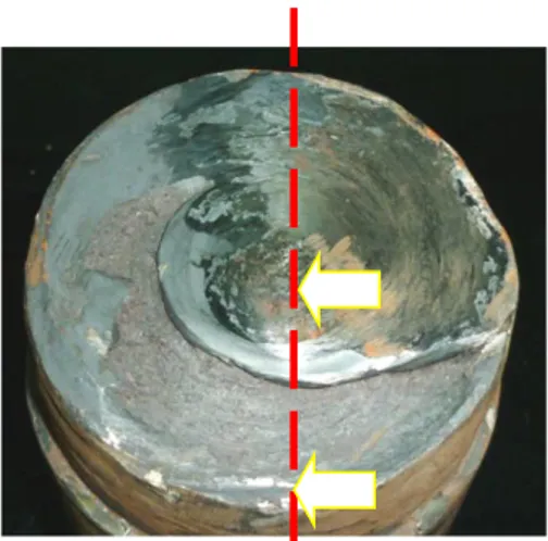 Gambar 13 : Photo makro etsa potongan  memanjang di daerah patahan (sample B),  terlihat strukturnya mengalami deformasi