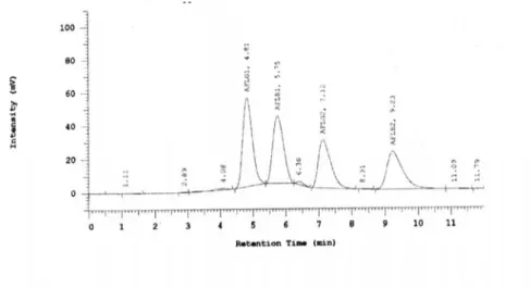 Gambar 1. Kromatogram pemisahan aflatoksin dalam sampel jagung dengan penambahan 40 ng/g AFB1, 20  ng/g AFB2, 200 ng/g AFG1 dan 60 ng/g AFG2 pada volume pengen ceran 2 ml 
