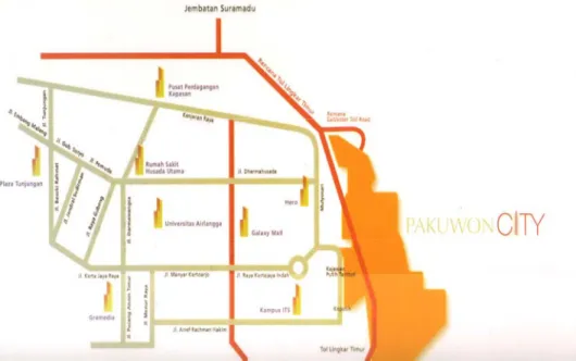 Gambar 2.1 : Peta jalur tol lingkar timur pada Pakuwon City  (Sumber : Pakuwon City Map) 