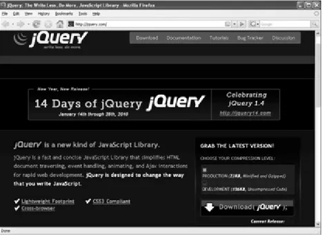 Gambar 1.5 Mendownload jQuery dari website resminya di http://jquery.com  3. Selanjutnya panggil library jQuery diantara tag &lt;head&gt; … &lt;/head&gt;, maka 