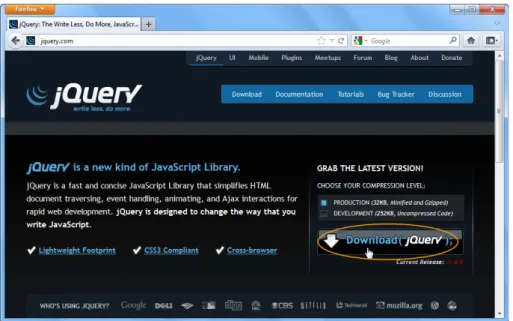 Gambar 1.5 Mendownload jQuery dari website resminya di http://jquery.com  2.  Simpan  file  jquery-1.8.0.min.js  pada  folder  latihan  Anda,  misalnya  di  C:\latih