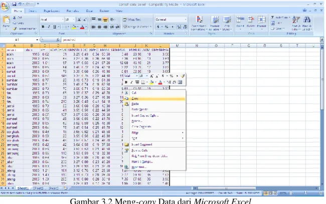 Gambar 3.2 Meng-copy Data dari Microsoft Excel  2. Buka STATA. Klik ‘Data’ lalu pilih ‘Data editor’