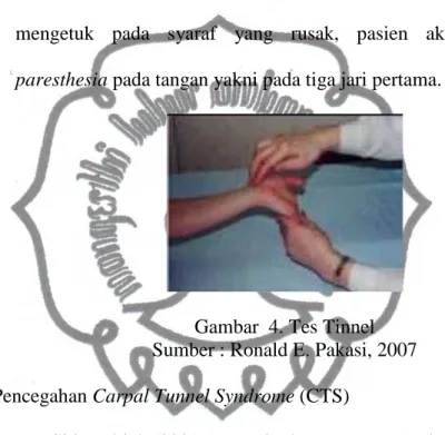 Gambar  4. Tes Tinnel   Sumber : Ronald E. Pakasi, 2007  f.  Pencegahan Carpal Tunnel Syndrome (CTS) 