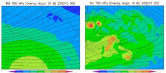 Gambar  3.1  Peta  spasial  horizontal  RH  lapisan  700  hPa  di-overlay  dengan  streamline  angin  permukaan  untuk  tanggal  20  Februari  2015  (a)  pukul 00.00 UTC dan (b) pukul 06.00 UTC