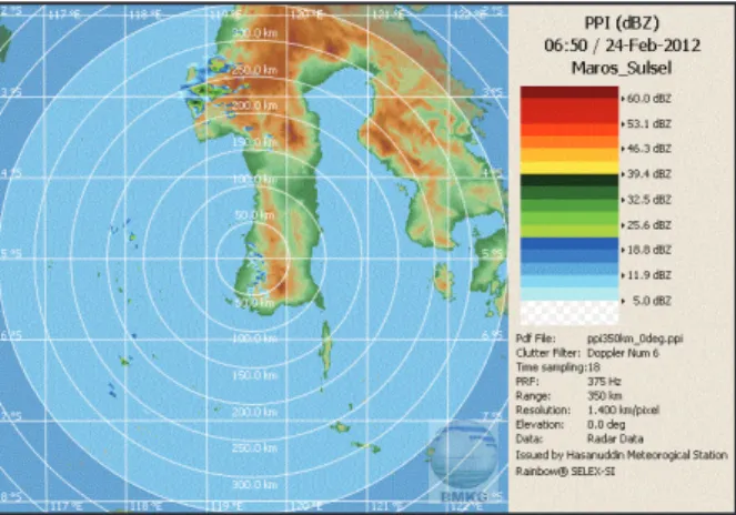 Gambar 6.  Pantauan  radar  cuaca  pada  tanggal  24 Februari 2012  jam 14.50 WITA.